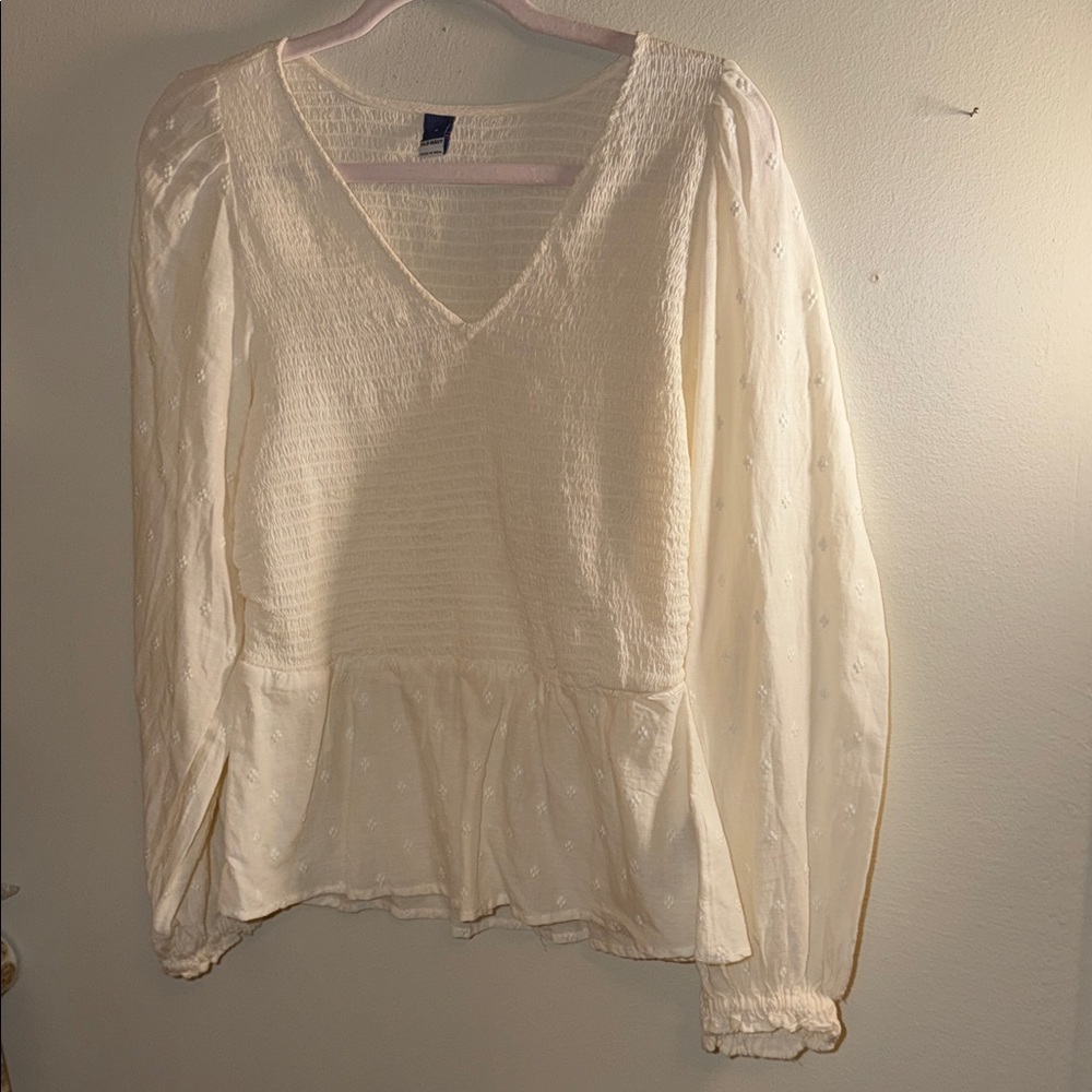 Cream V-Neck Smocked Peplum Blouse